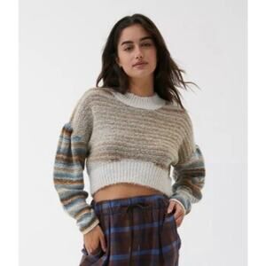 Urban Outfitters Lennon Cropped Crewneck Sweater Medium Stripe Drop Shoulder